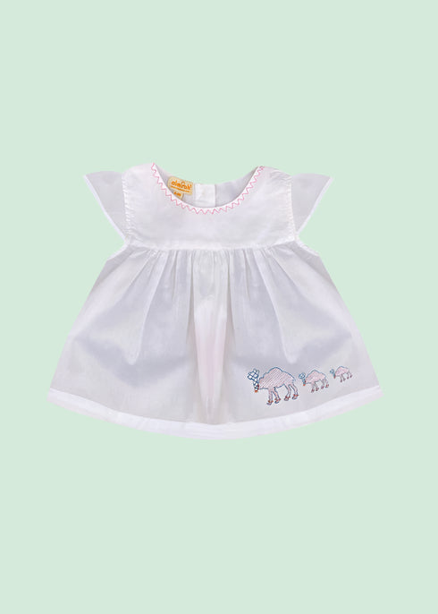 White Jhabla Cotton Baby Dress Camel